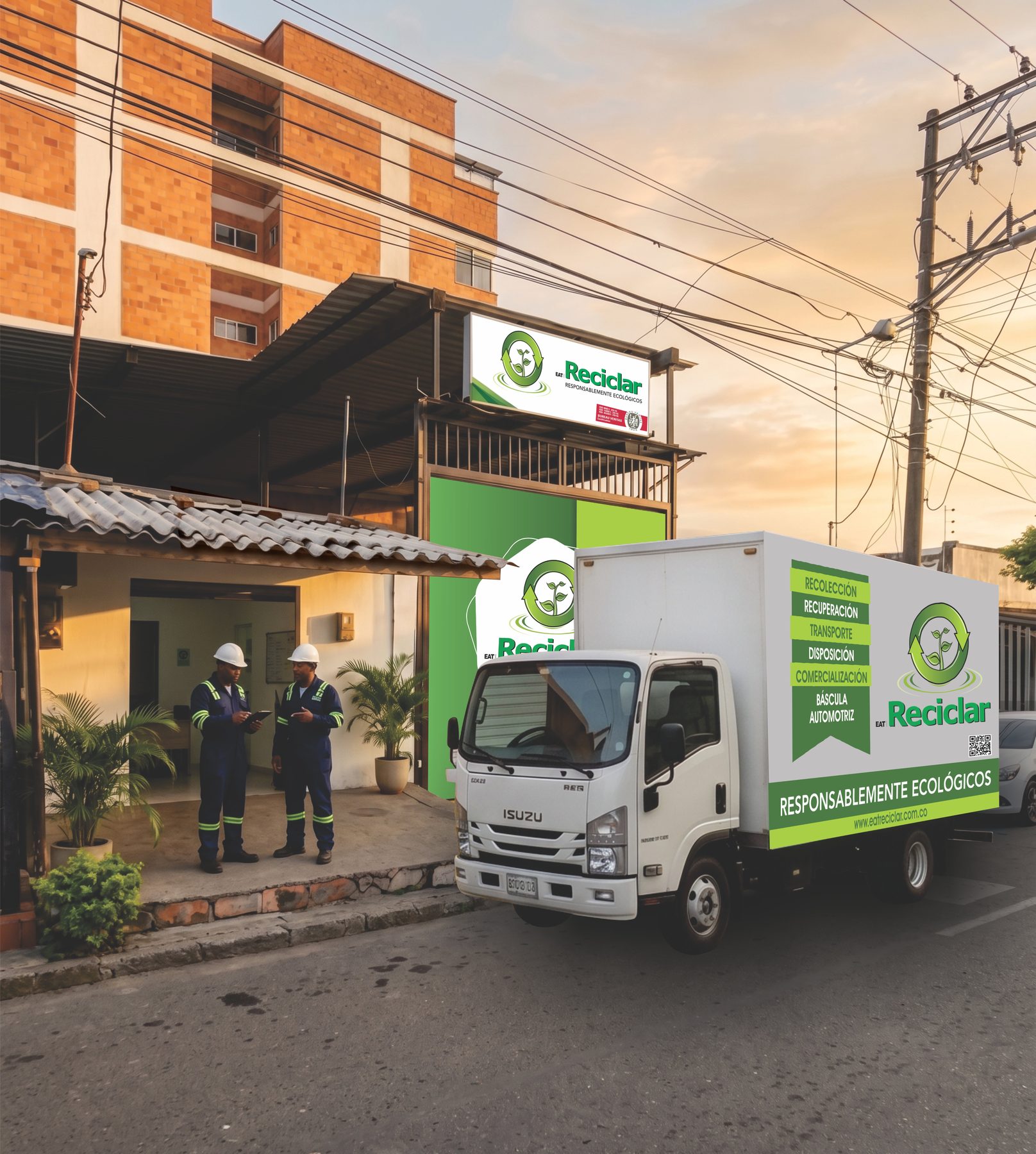 Camión EAT Reciclar estacionado frente a la sede de Barrancabermeja con dos operarios uniformados