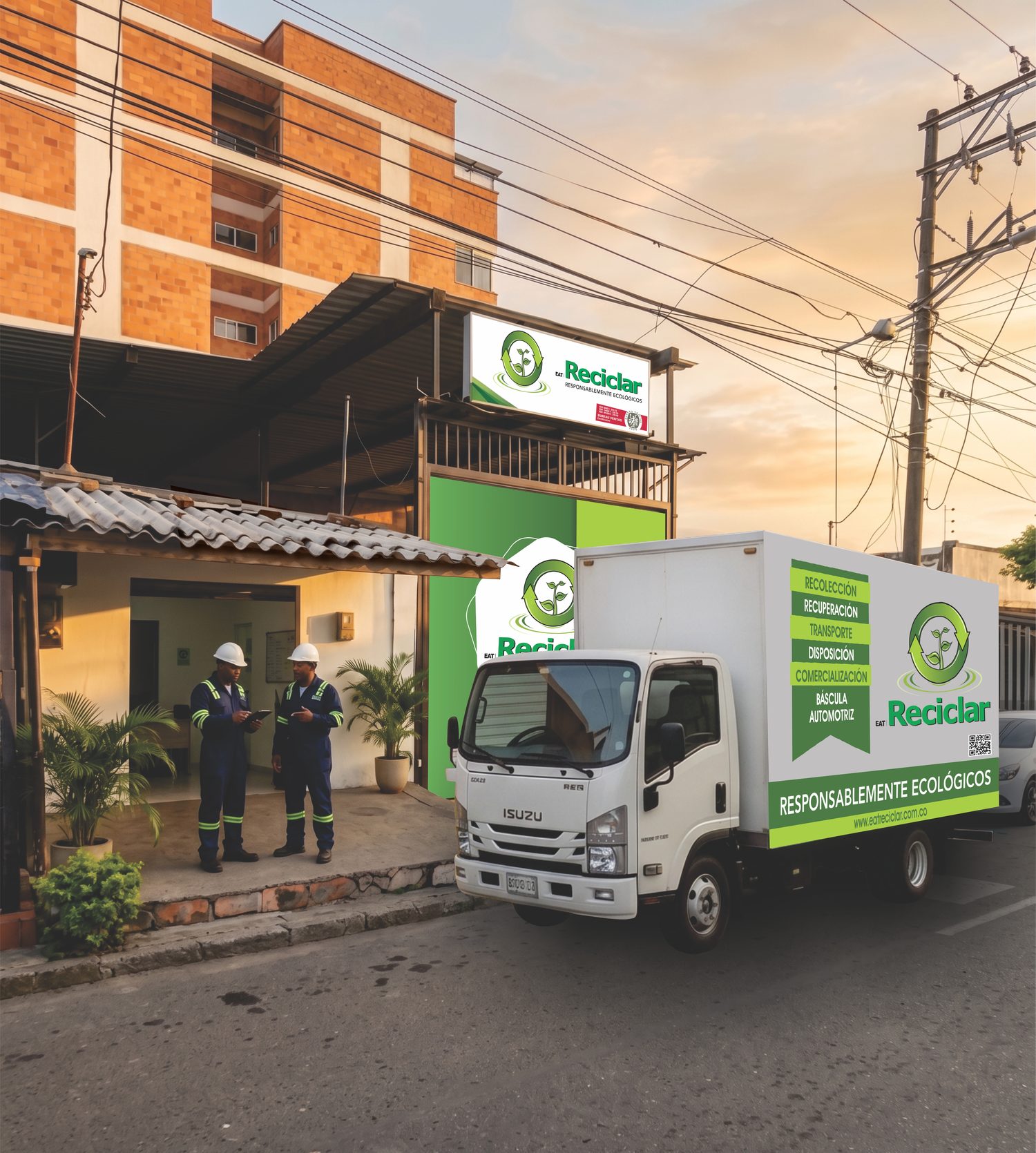 Sede de EAT Reciclar en Barrancabermeja con camión propio rotulado y operarios en la entrada