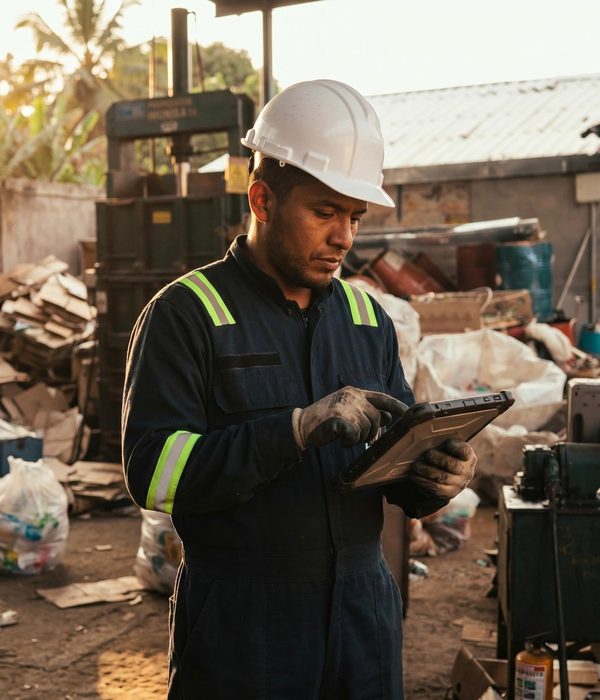 Operario EAT Reciclar revisando tablet de control técnico en la planta