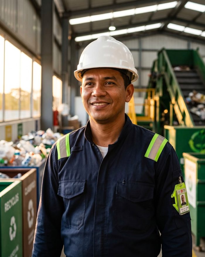 Operario de EAT Reciclar en la planta de clasificación, con casco y uniforme reflectivo