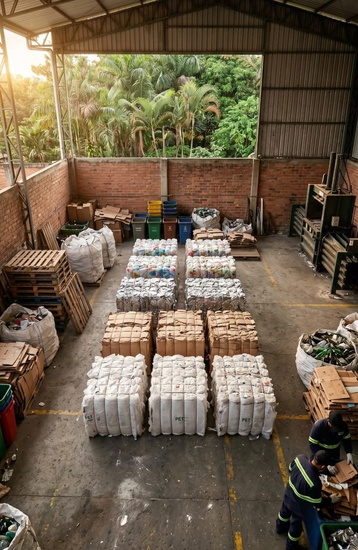 Vista de la planta de clasificación de EAT Reciclar con pacas de materiales aprovechables ordenadas por tipo