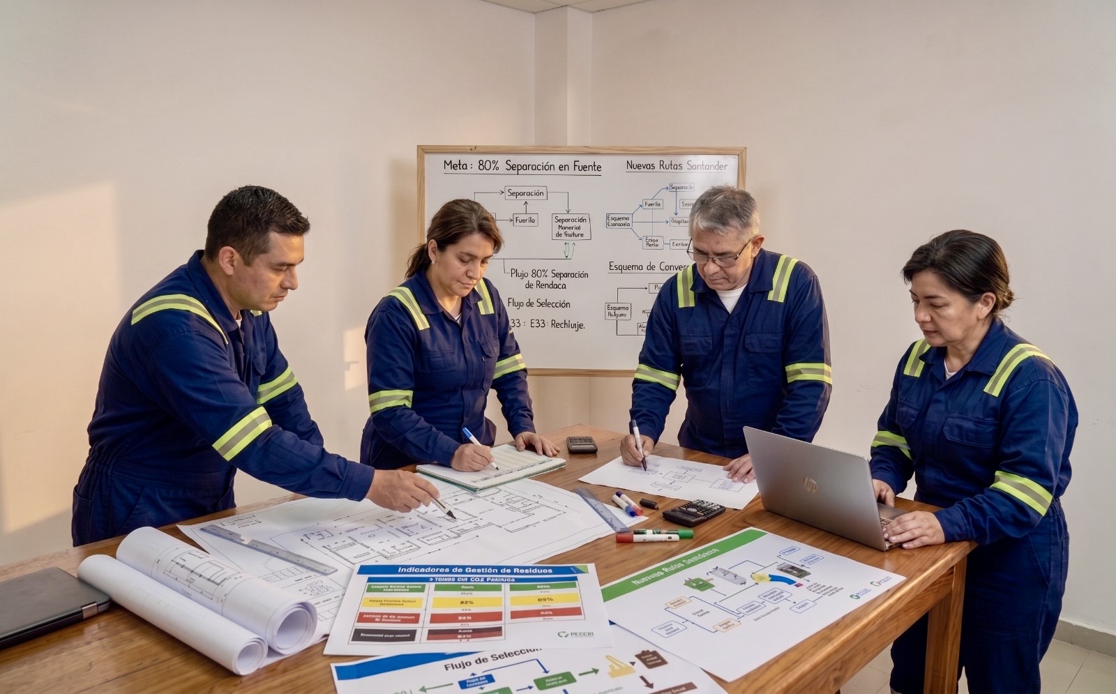 Equipo técnico de EAT Reciclar diseñando programas de gestión de residuos con planos e indicadores